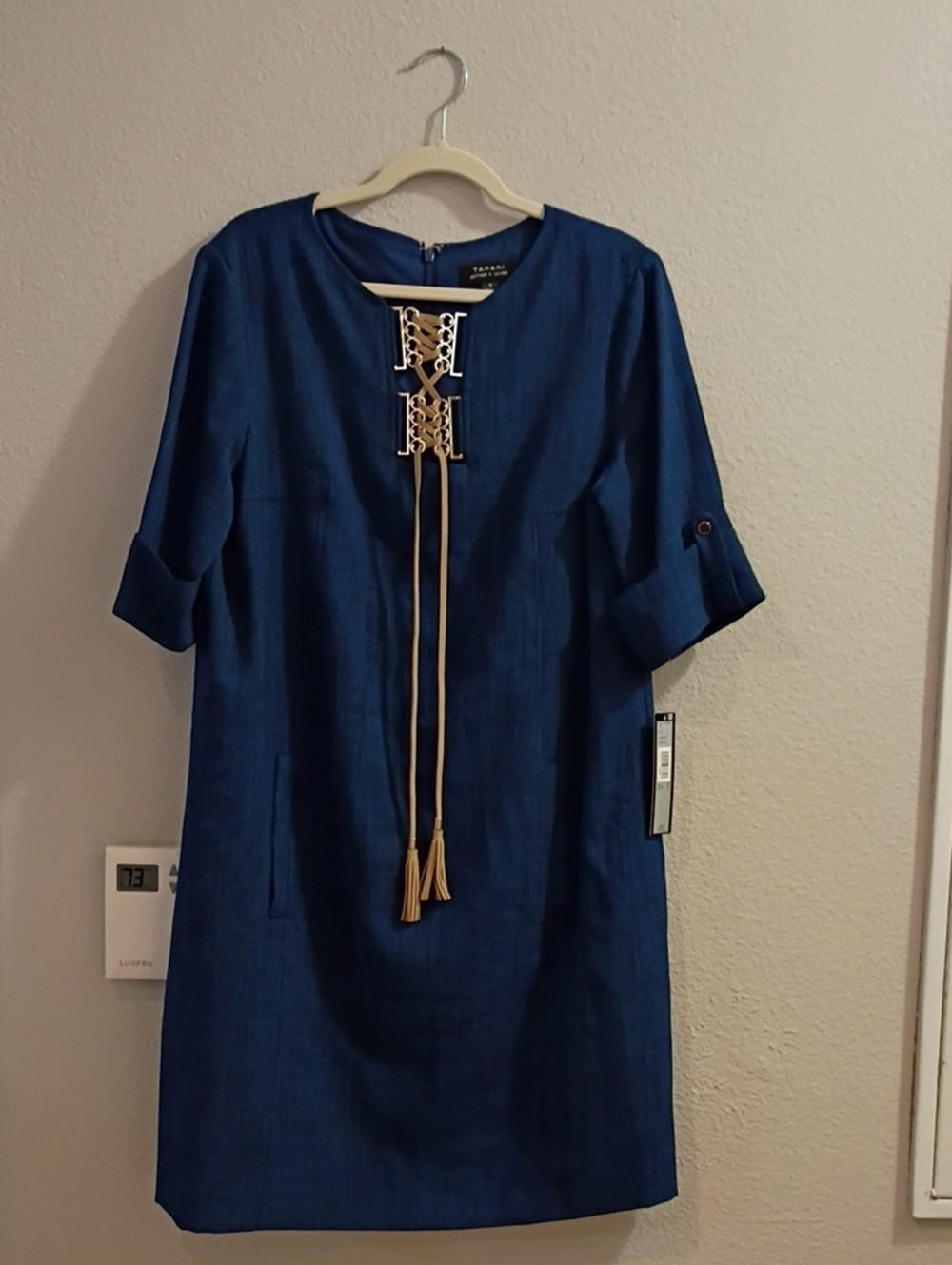 Tahari NWT 8 Navy Dress with Gold With Faux Leather Laced Tassel With Pockets